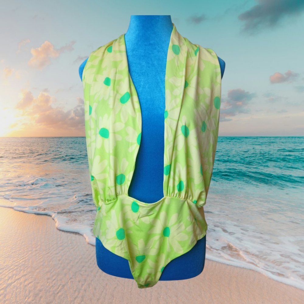 AFRM Bodysuit Neon Green & Blue Daisy Floral Deep Plunge  Like New Extra Large